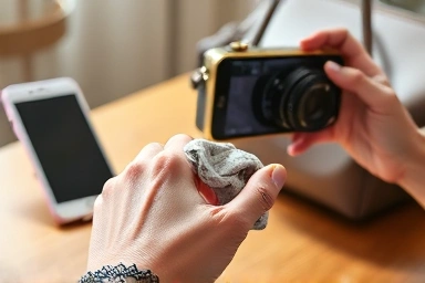 Preparing pre-owned items for sale with care and a smartphone.