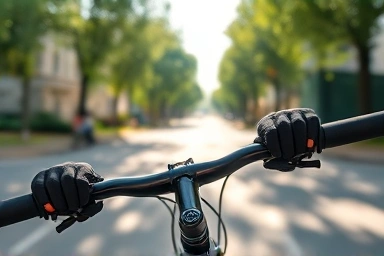 Cyclist's hands on handlebars, city street background, freedom