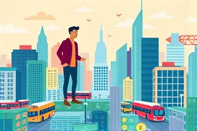 Smart city navigation with public transportation and financial growth symbols.