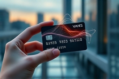Close-up of a hand holding a credit card with abstract savings and benefits flowing.