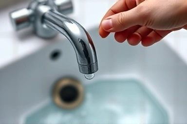 Hand turning off a dripping faucet, symbolizing water saving.