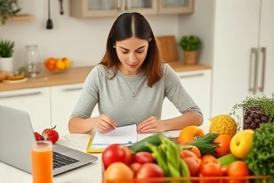 Woman planning grocery list and weekly meals for smart shopping.