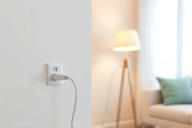 Smart plug in a cozy living room, saving energy.