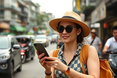 Traveler using Grab app in vibrant Southeast Asian city.