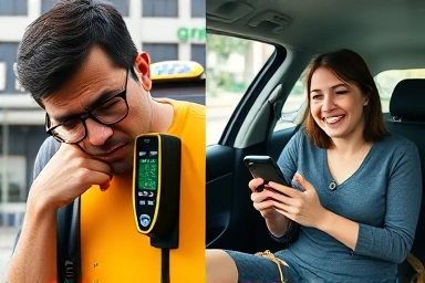 Contrast of difficult taxi vs. easy Grab ride experience.