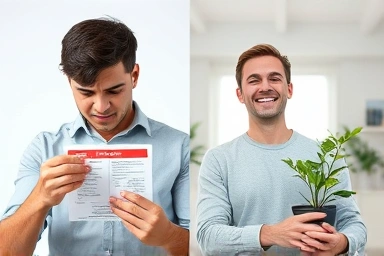 Woman stressed by electricity bill transforms to happy with lower bills.