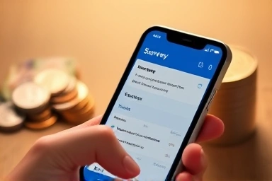 Smartphone displaying survey app with subtle money symbols.