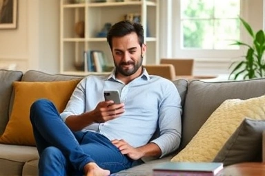 Person earning money with smartphone on sofa, representing easy side income.