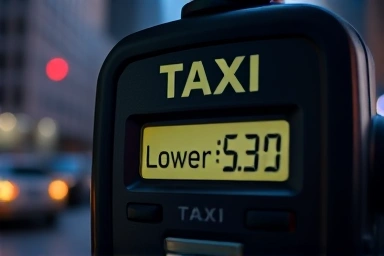 Taxi meter showing savings, night city background, clever financial relief.