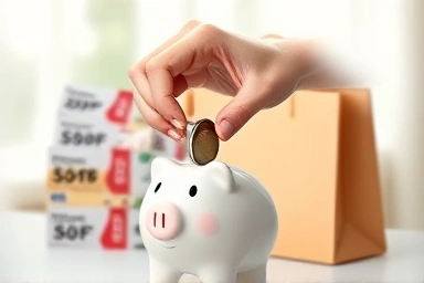 Hand saving coins in smartphone piggy bank, representing membership point savings.