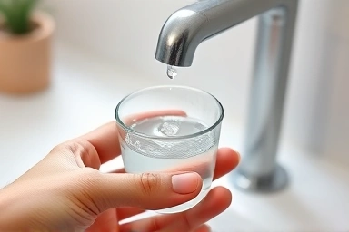Hand holding toothbrush cup, saving water drop