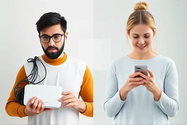 Comparing travel data options: stressed with router vs. happy with eSIM.