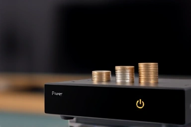 TV set-top box with coins symbolizing electricity savings.