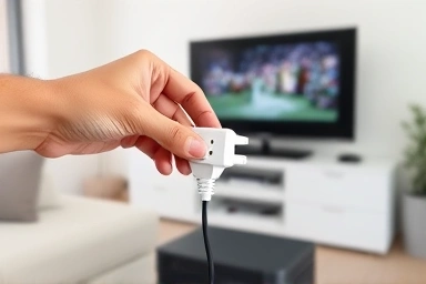Hand unplugging multi-tap to save electricity.