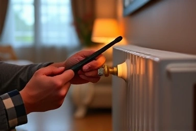 Homeowner adjusting radiator valve for energy saving