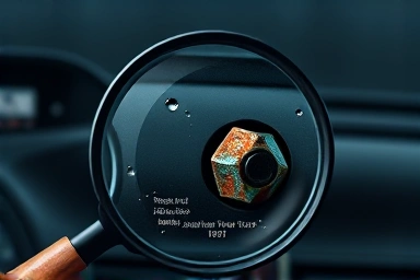 Magnifying glass revealing car damage from flood and scams.