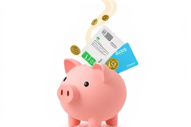 Credit card and utility bills flowing into piggy bank for savings