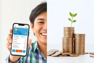 Person managing finances with smartphone and saving money