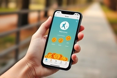 Smartphone showing walking app rewards, coins accumulating