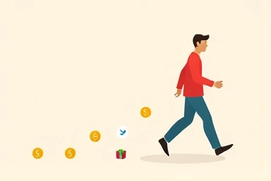 Person walking with digital coins and reward icons following