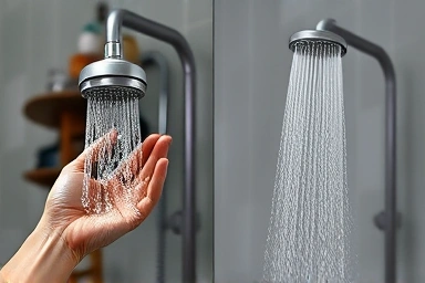 Comparison of traditional vs. water-saving showerhead efficiency and water flow.