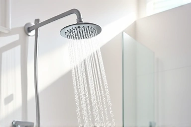 Modern bathroom with water-saving showerhead and sunlight.