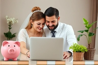 Couple planning budget wedding with savings symbols