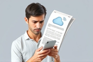 Smartphone user stressed by cloud sync bills, saved by Wi-Fi.