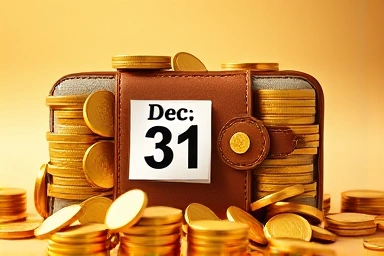 Symbolic overflowing wallet of golden coins, financial security, year-end.