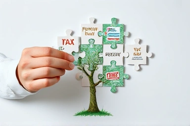 Tax deduction puzzle pieces forming a money tree, financial planning.