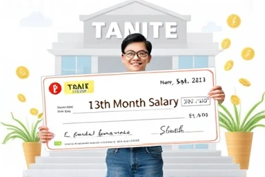 Person receiving 13th month salary bonus from tax office.