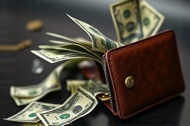 Money flowing out of a wallet, symbolizing lost tax refunds.