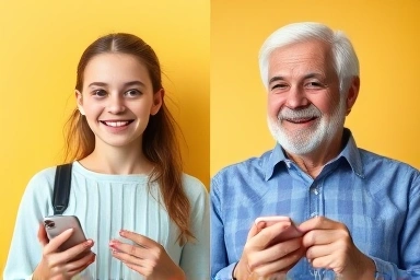 Happy youth and senior using smartphones with savings symbolism