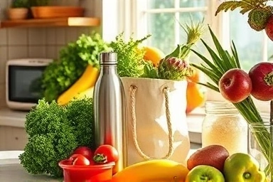 Abundant kitchen with zero-waste items and fresh produce.