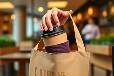 Hand placing reusable cup into a tote bag at a cafe.