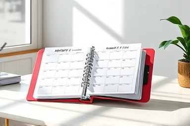 Organized desk with 3P binder and productivity inserts.