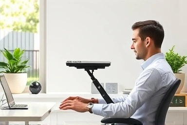 Ergonomic workspace with adjustable book stand for posture.