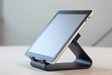 Close-up of adjustable book stand mechanism and tablet holder.