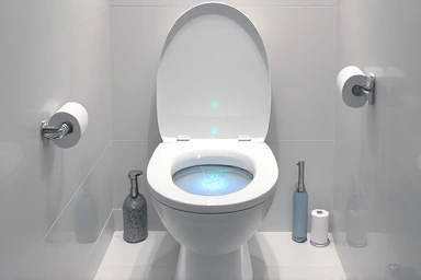 Hygienic bathroom with automatic toilet cleaner protection.