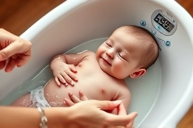 Parent bathing newborn baby in safe thermometer bathtub.