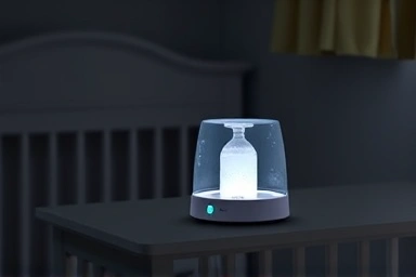 Baby bottle warmer in a calm nursery setting.
