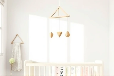 Nursery room with a wooden baby mobile.