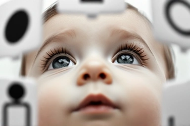 Baby's eyes focused on a black and white mobile.