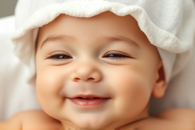 Baby enjoying bath time with a gentle shampoo cap.