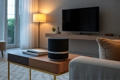 Bang & Olufsen Beosound A5 speaker in a modern living room.