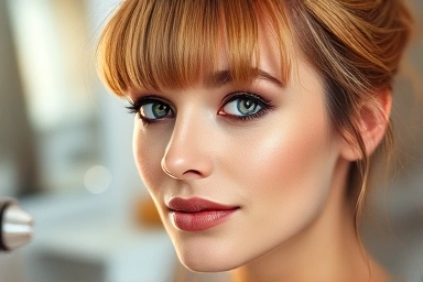 Woman with voluminous bangs styled using a hair roller.
