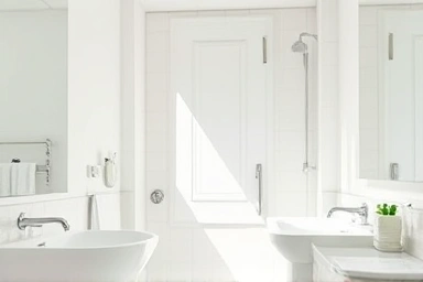 Sparkling clean bathroom with sunlight, no mold.