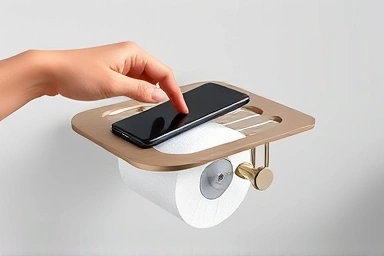 Close-up of hand placing phone on bathroom shelf/toilet paper holder