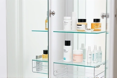 Neatly organized interior of a sliding mirror bathroom cabinet.