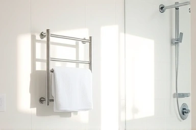 Modern bathroom with sleek wall-mounted towel rack and white towels.